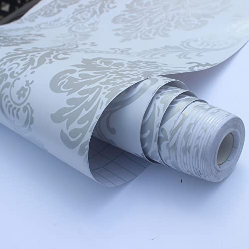 Upgrade Thickening White Silver Damask Wallpaper Peel And Stick Wall Paper Decorative Self Adhesive Shelf Drawer Liner Roll 17.7 Inch X 32.8 Ft #TOP4