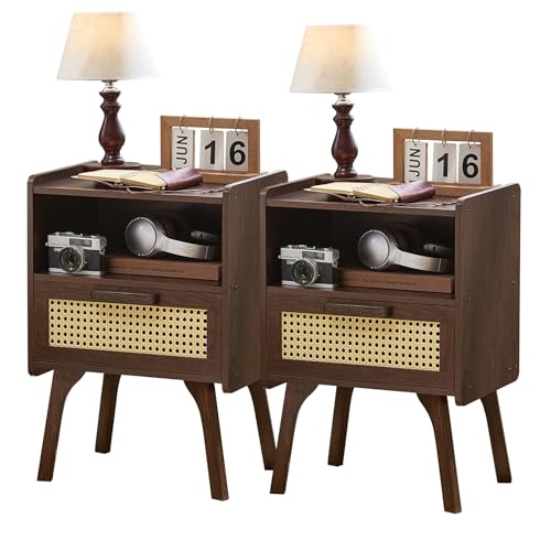 Image of Lerliuo Rattan Nightstands Set of 2, Bedside Table with Drawer Open Shelf | Cane Accent Side End Table with Solid Wood Legs, Walnut Vintage Night Stand for Bedroom, Dorm and Small Spaces