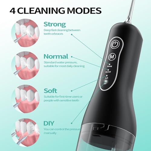 Image of FlossJet Water Flosser for Teeth, 2026 Upgraded Portable Dental Irrigator with 260ml Removable Tank, 4 Cleaning Modes & 5 Jet Tips, IPX6 Waterproof, 1300 mAh Rechargeable Battery Teeth Cleaner (Black)