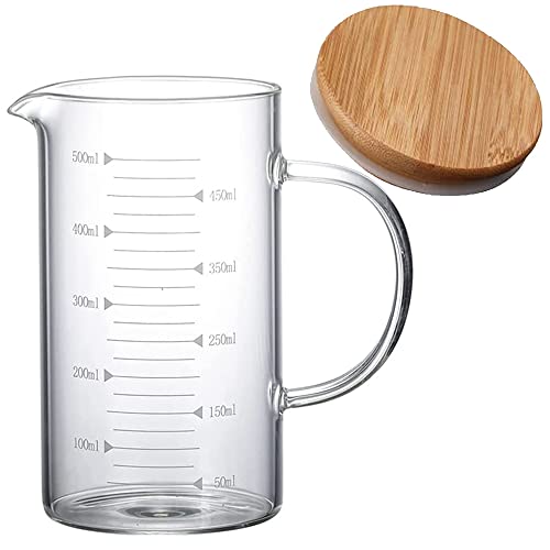 Maatbeker van glas, temperatuurbestendig, maatkan, melkmaatbeker, glazen maatbeker, ergonomische handgreep, dikke wand, duidelijke metingen, hittebestendig borosilicaatglas, voor sap, bakaccessoires (500 ml)