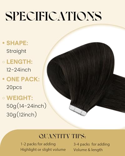 Image of Ve Sunny Hair Tape in Hair Extensions Human Hair Darkest Brown 24Inch Long | Remy Human Hair Tape ins,50g 10Pcs,Silky Smooth,Thickness,for Wedding
