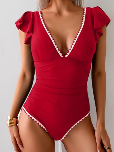 Image of Aidonger Women's One Piece Ruffle Swimsuit Tummy Control Bathing Suit V Neck Shell Stitched Swim Suit Slimming Swimwear