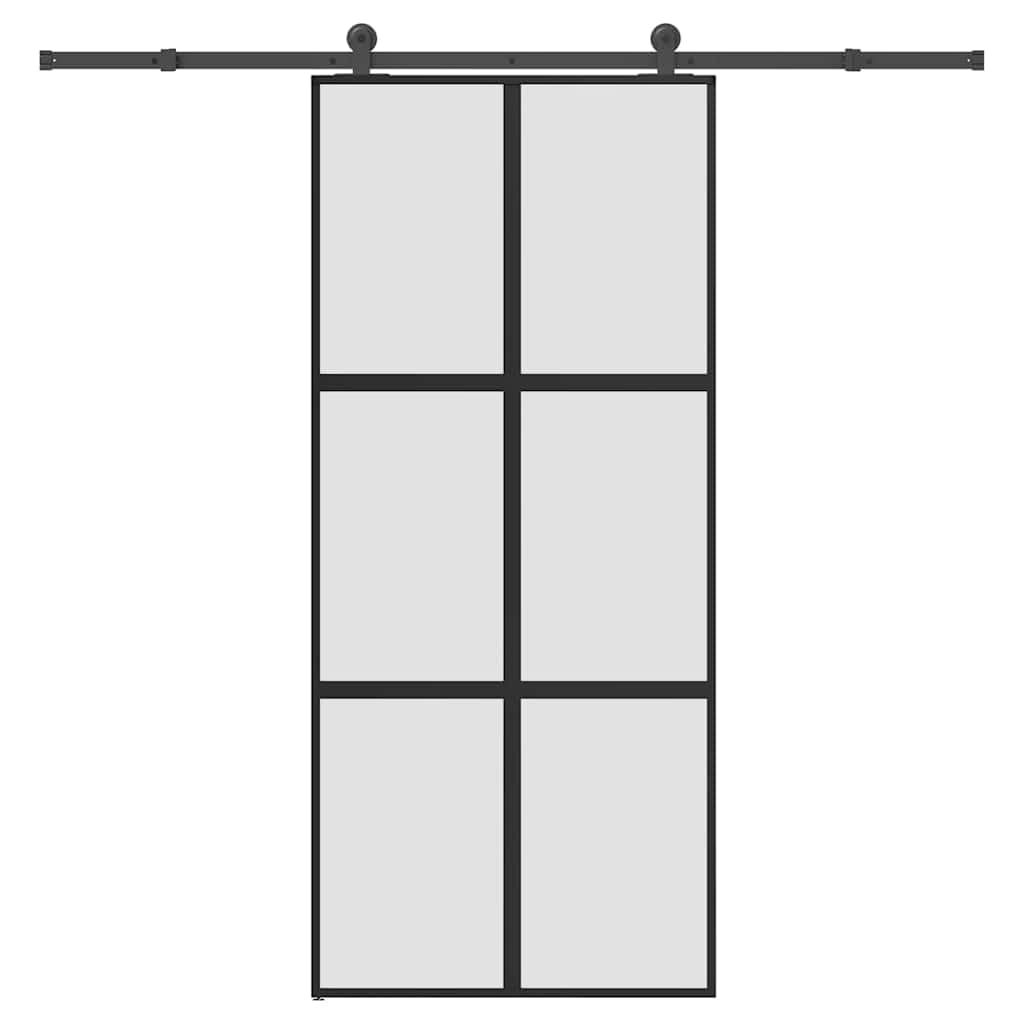Drzwi przesuwne z okuciem, 90 x 205 cm, szkło hartowane i rama aluminiowa, matowa czerń, szkło 5 mm, z szyną ślizgową 213,5 cm, ciche przesuwanie przy wejściu i wejściu bocznym