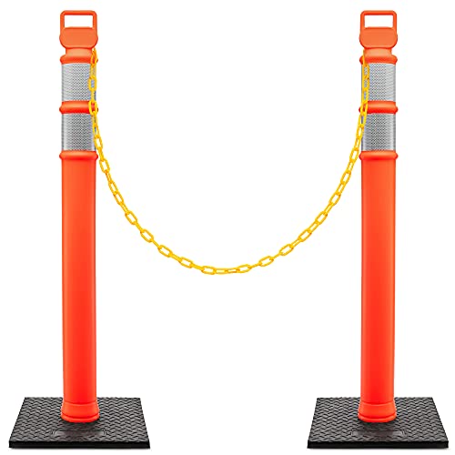 Jumbl Delineator Kit | 2 Pack of 48â€ Orange Post w/3â€ Reflective Collars & 10LB Weighted Base | Includes 1x 50Ft Chain Rope, 2-Carabiners & 656-Ft Caution Tape | UV & Impact Resistant | Traffic & More