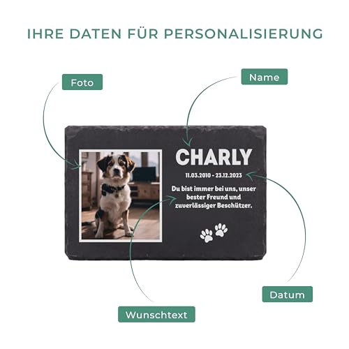 LAUBLUST Personalisierte Grabplatte mit Name & Foto als Grabschmuck für Hund, Katze & andere Haustiere - Erinnerung Motiv, 3 Größen | Schieferplatte mit Gravur als Tiergrabstein Deko & Tiere Grabtafel