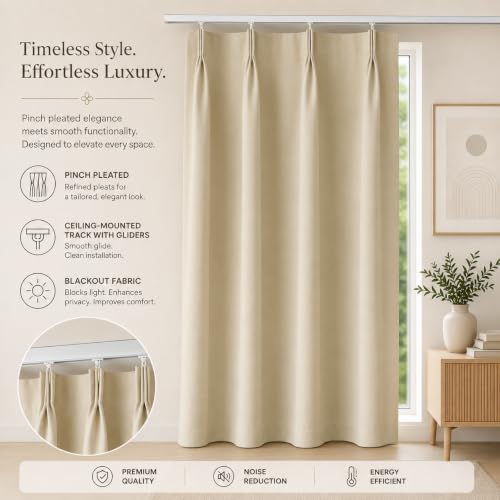 Image of KALIYO Beige Blackout Pinch Pleat Curtains for Living Room & Bedroom | Room Darkening Curtains | Pinch Pleat Header| Noise Reducing | 7 Ft | Pack of 1