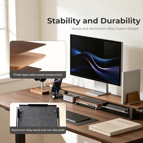 Image of muso wood Dual Monitor Stand with Storage Shelf, 45 Inch Wooden Monitor Riser for 2 Monitors, Walnut Desk Shelf for Computer, Laptop, Screen, TV, Printer