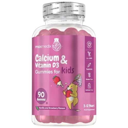 Calcium and Vitamin D for Kids | 90 Tasty Gummies | Natural Strawberry & Vanilla Flavours | 45 Days Supply | Vegetarian Calcium for Kids Aged 3-12 Years | Easy to Chew Gluten-Free & Lactose-Free