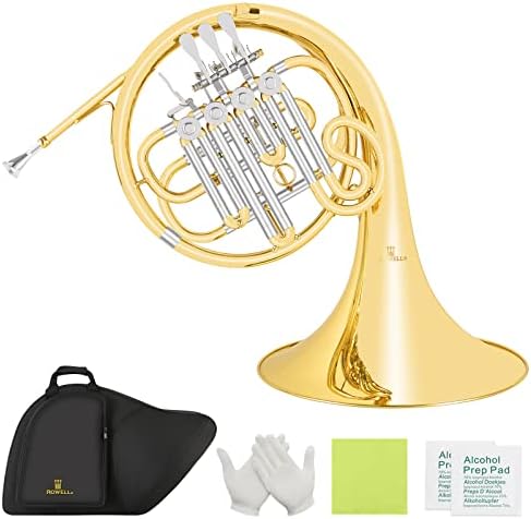 ROWELL Single French Horn, Bb 4 keys Intermediate French Horn,Gold Lacque Bb French Horn With Case, Mouthpiece Gloves and Polishing Cloth.