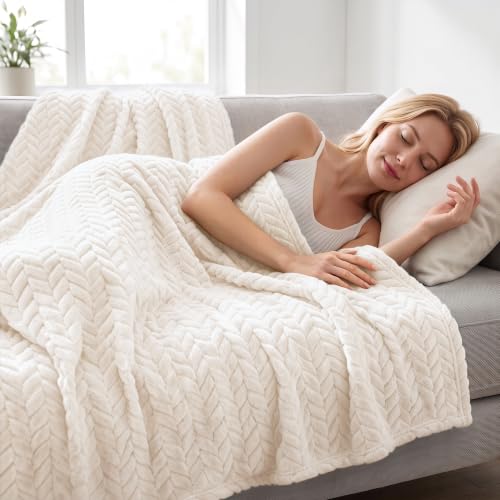 Image of Exclusivo Mezcla Soft Fleece Bed Blanket Queen Size, 90 inchx90 inch, Off White | Cozy Fluffy Lightweight Blankets for Summer, Decorative Plush Flannel Throws for Living room, Bedroom with Leaves Pattern