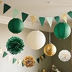 AimtoHome Sage Green Party Decor 27PCS Kit - Paper Pom Poms, Paper Lanterns,Pennant Banner for for Jungle Safari, Woodland Baby Shower, Gender Neutral Wedding（Green/Gold/Beige） - Image 3