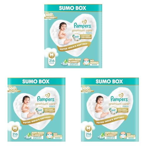 Image of Pampers Premium Care Pant Style Baby Diapers M 216 Count | No Marks Design | Voted India's #1 Softest Diaper | All in 1 diaper with 360 Cottony Softness (Pack of 3)