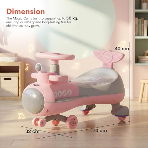 Image of Baybee Diver Baby Swing Cars for Kids | Indoor Wiggle Push Baby car with Floor Lights | Twister Ride on Kids Car with RGB Lights, Music & Backrest | Magic Car for Kid 2 to 5 Years (Pink)