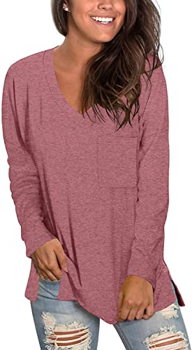 Women's Novelty T-Shirts V Neck Long Sleeve Soft Tees Tops Pink XX-Large