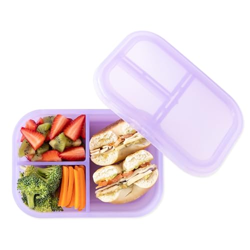 Bumkins Snack/Lunch Bento Box for Kids and Adults, 3 Compartment Container, Leak Proof Lid, for Portioning, Large Section Can Hold Sandwich, Food-Safe LFGB Platinum Silicone, Microwave-Safe, Purple