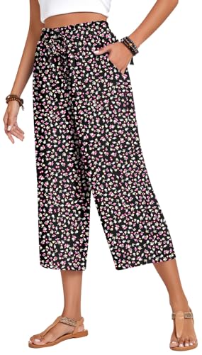 Image of Anyhold Women's Capri Pants Drawstring Casual Palazzo Trousers with Pockets Loose High Waisted Wide Leg Lounge Pants