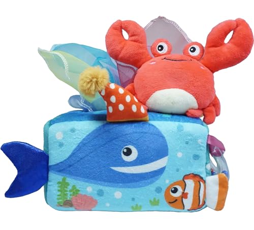 Image of TOYTELLINI Magic Little Sea Box - Baby Montessori Toy 6 to 12 Months, Sensory Pull, Squeeze and Motor Movement; 10+ Crinkle Fabric, Squeaky Stuffie, Rattle, High Contrast and Safe for Newborn