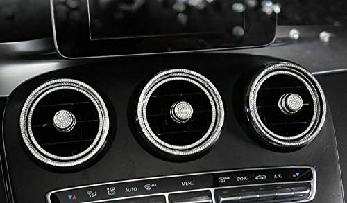 Ice Out 6 Rings AC Vent Inner+Outer Cover Frame Badge Bling Insert Emblem with Genuine Austrian Crystal Insert for Mercedes Benz C250 C300 C350 New C-Class GLC300 GLC350 GLC63 (Silver)