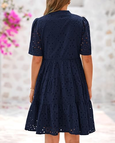 Image of BTFBM Womens Boho Summer Dresses 2026 Spring V Neck Short Sleeve Hollow Out Lace Ruffle Casual Beach Mini Vacation Dress