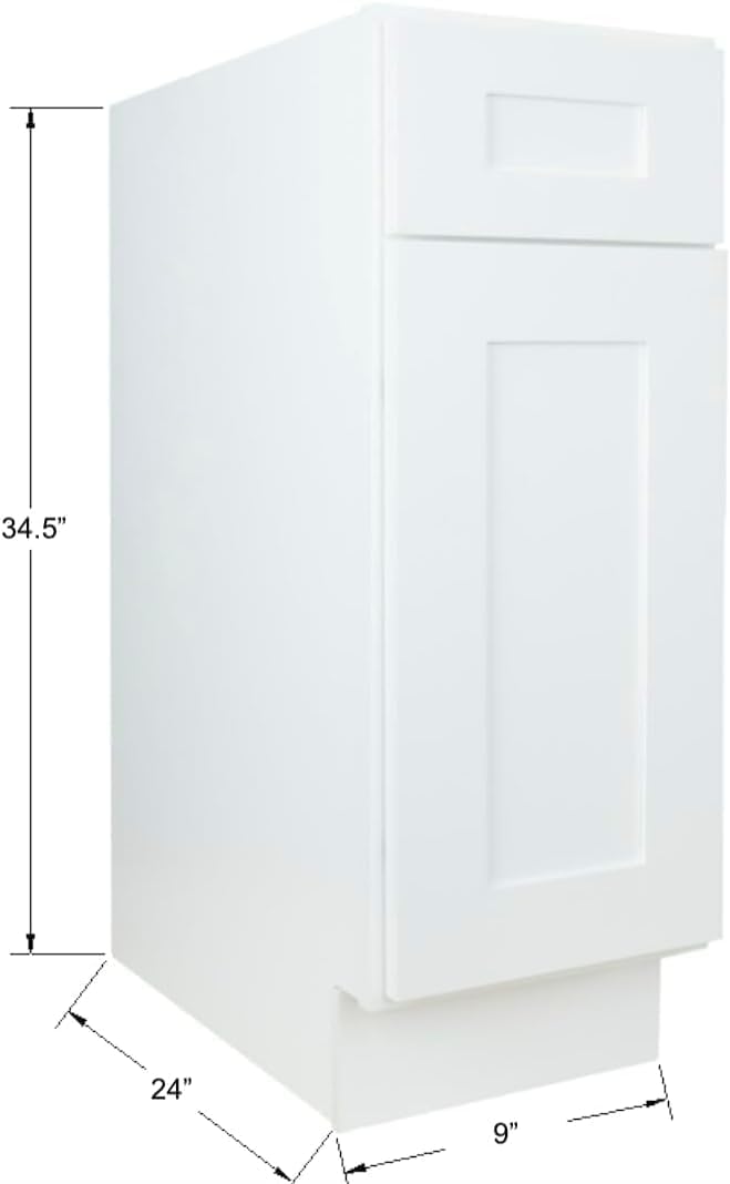 Hollywood Fabiani Design Base Kitchen Cabinet - 9 in. W x 24 in. D x 34.5 in. H, Shaker White, Solid Wood Frame, 1/2-Inch Cabinet-Grade Plywood Box, Soft-Close Door, Ready to Assemble