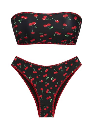 Image of ZAFUL Women Strapless Textured Bandeau Bikini 2 Piece Swimwear Cheeky Solid Lace up Bathing Suits