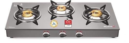 Sujata Standard Gas Stove 3 Burners Glass Top | 9 Years Warranty | Auto Ignition Gas Stove for Modular Kitchen, ISI Certified, SABAF Valve, LPG & PNG Compatible, 360° Rotating Brass Nozzle (Black)