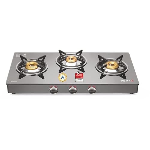 Sujata Standard 3 Burner Auto Ignition Gas Stove | Toughened Glass Top | ISI Certified | SABAF Valves | LPG & PNG Compatible | 360° Rotating Nozzle | 9 Years Warranty (Black)