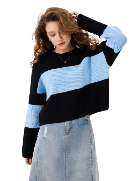 Image of URBANBAG Rolled Edges Striped Sweatshirt Fall Cute Loose Fitting Tops for Women