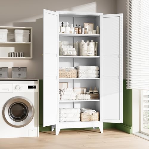 Image of Letaya 75 inch H Metal Storage Cabinet with 2 Doors and 4 Shelves,Tall Kitchen Pantry Cabinets,Farmhouse Utility Pantry Organizers for Cupboard /Dining /Bathroom /Home Office /Garage Room,White