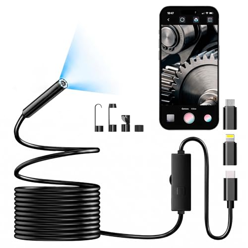 Cámara Endoscópica HD 1920P con Luz, Cámara de Inspección IP67 Impermeable, Semirígida de 7.9 mm de Diámetro, Cable de 16.41FT con 8 LED, Compatible con iPhone Android para Automóviles y Tuberías