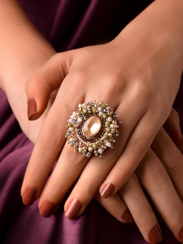 Image of SANJOYA by EVERSTYLISH Embroidered Ring for Women | Shell & Beaded Adjustable Statement Ring | Ethnic Jewelry for Weddings & Festive Occasions