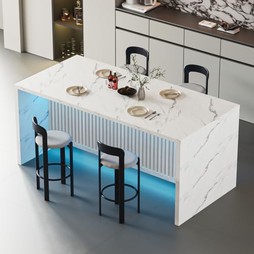 71’’ Large Faux Marble Dining Table for 4-6 People, Modern Kitchen Island with LED Lights, Rectangle Kitchen Dining Table for Home