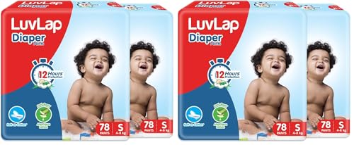 Image of LuvLap Diaper Pants Small (SM) 4 to 8Kg, Super Jumbo Pack, 156 Count (78X2), Baby Diaper Pants, with Aloe Vera Lotion for rash protection, with upto 12 Hour protection (78 Count, Pack of 4)