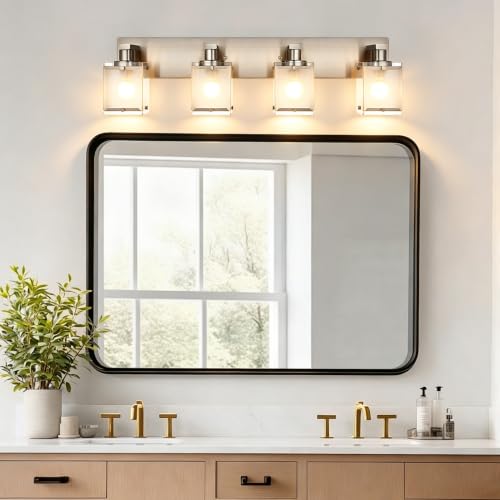 Image of 4 -Lights Bathroom Light Fixtures Over Mirror, Brushed Nickel Vanity Lighting Fixture with Rectangular Frosted Glass Shade, Wall Sconce Lighting for Kitchen Living Room Bedroom Hallway