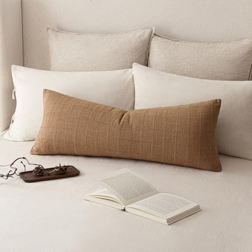 Image of Foindtower Set of 1 Decorative Linen Check Throw Pillow Cover Neutral Farmhouse Lumbar Cushion Cover Soild Modern Boho Home Decor for Sofa Chair Couch Bedroom Living Room,14x36 Inch,Brick