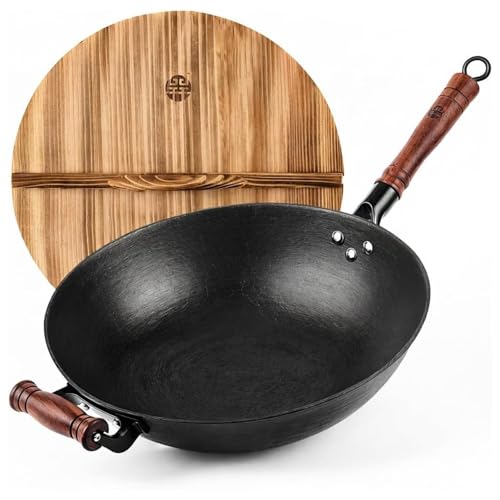 WANGYUANJI 14.2 Inch Cast Iron Wok with Wooden Lid & Handle, Flat Bottom Stir Fry Wok Pan...