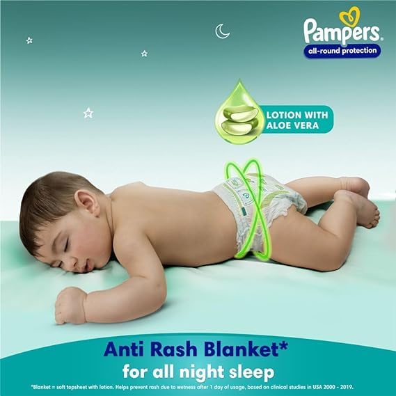 Image of Pampers All Round Protection Pant Style Baby Diapers, Large (L), 48 Count + 10 FREE Diapers Inside Total Count 58, 9-14kg, Anti Rash Blanket, 360 Lotion with Aloe Vera Diapers,New Extraa Lotion with Aloe