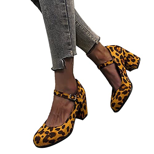 UIFLQXX Sandálias femininas de camurça com estampa de leopardo salto médio respirável bico redondo f