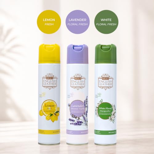 Image of Next Care English Leather Air Freshener Spray 220ml Each | Long Lasting Room Freshener for Home, Office & Car | Odour Eliminator (Lemon, Lavender & White)
