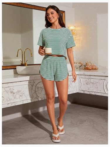 Image of OYOANGLE Womens Pajama Sets 2 Piece Sexy Lounge Sets Summer Cute Pjs Striped Print Tee and Side Split Shorts Set