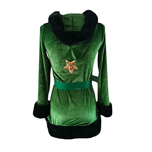 Kerstboom Fancy Jurk voor Vrouwen Kerst Fluwelen Hooded Jurk Kostuums Volwassen Xmas Cosplay Parrty Outfit (Groen, L) - Afbeelding 4