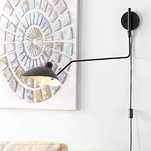 Image of JONATHAN Y Frank 1-Light Wall Sconce Swing Arm Metal 35 inch, Black /Brass Gold | Mid-Century Modern, Adjustable Bowl Shade, Retro, Plug-In, Down Light, LED Bulb Included