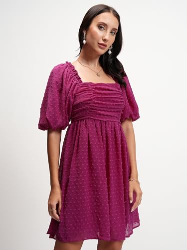 Image of Tokyo Talkies Women's Self-Design Fit & Flare Short Dress | Square Neck & Front Gathering | Chic & Feminine with Puff Sleeves