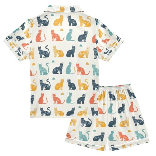 Small Cute Cat Satin Summer Pajama Sets Silk Short Sleeve Button Down Sleepwear2