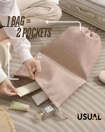 Image of USUAL Compression Packing Cubes for Travel Set of 6, Travel Organizer Pouches for Clothes, Luggage Organizer & Suitcase Storage Bags with Shoe Bag, Toiletry Pouch, Packing Cube Set, Beige