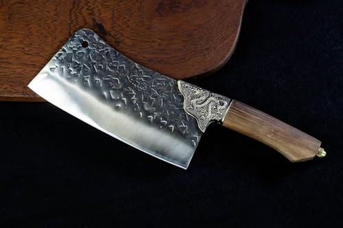 LOONGSWORD Handmade Chinese Cleaver Knife, High-Performance Stainless Steel Kitchen Knife with Teak Wood Handle & Dragon Pattern Alloy, Multipurpose Cooking & Slicing