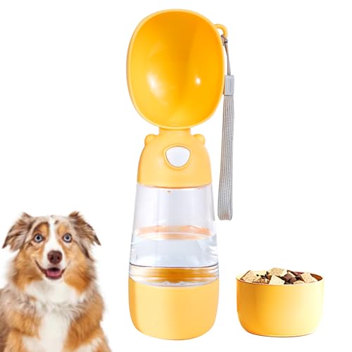 ペットウォーターボトル 2in1 ペット用給水&給食ボトル 犬猫兼用 多機能 携帯式 水&フードボックス付き 水400ml フード200ml アウトドア 散歩 旅行用 漏れ防止 ボタン式回収機能付き イエロー