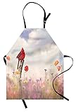 Lunarable Cardinal Bird Apron, Spring Themed Graphic with Wild Field Flowers Cloudy Sky and Avian,...