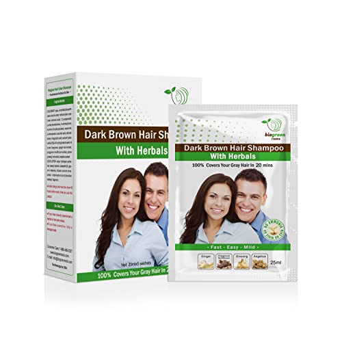 Biogreen Roots Shampoo 5 Pouches - Dark Brown Hair Color Shampoo with herbals for Men and Women - New & Improved Formula - All Hair Types -with Herbals Ingredients Dark Brown Hair Shampoo - 5 Pouches with 5 pair of gloves.
