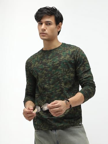 Image of Urbano Fashion Men's Olive Green, Khaki Military Camouflage Printed Slim Fit Full Sleeve Cotton T-Shirt